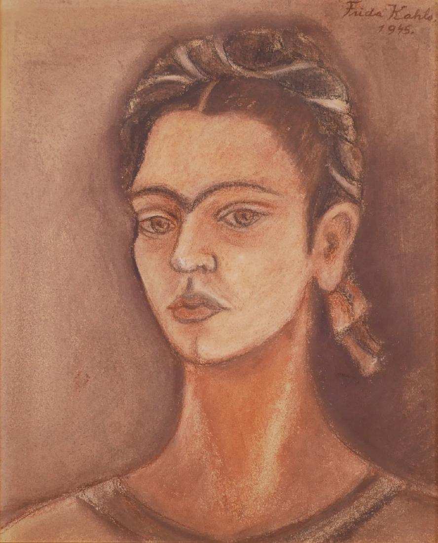 Pastel Portrait, Style of Frida Kahlo: Pastel portrait drawing of Frida Kahlo, in the style of Frida Kahlo. Titled and dated at top right corner, 1945.Nicely framed. Framed size measures 26.5" x 30.75".