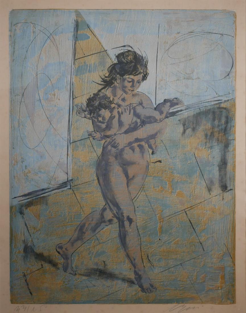 Hans Erni Color Lithograph of Mother & Child: Lithograph in colors by Hans Erni (Swiss, 1909-2015). Image of a nude mother holding a child, executed in shades of blue. Pencil signed at lower right and limited (33/250) at lower left. Framed size i