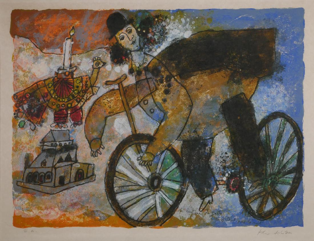 Theo Tobiassi Lithograph Light of the Righteous: Color lithograph on paper by Theo Tobiasse, circa 1970s. Image shows a man in a bowler hat riding a bicycle. French at bottom translates to "The Light of the righteous does not go out at night." Penci