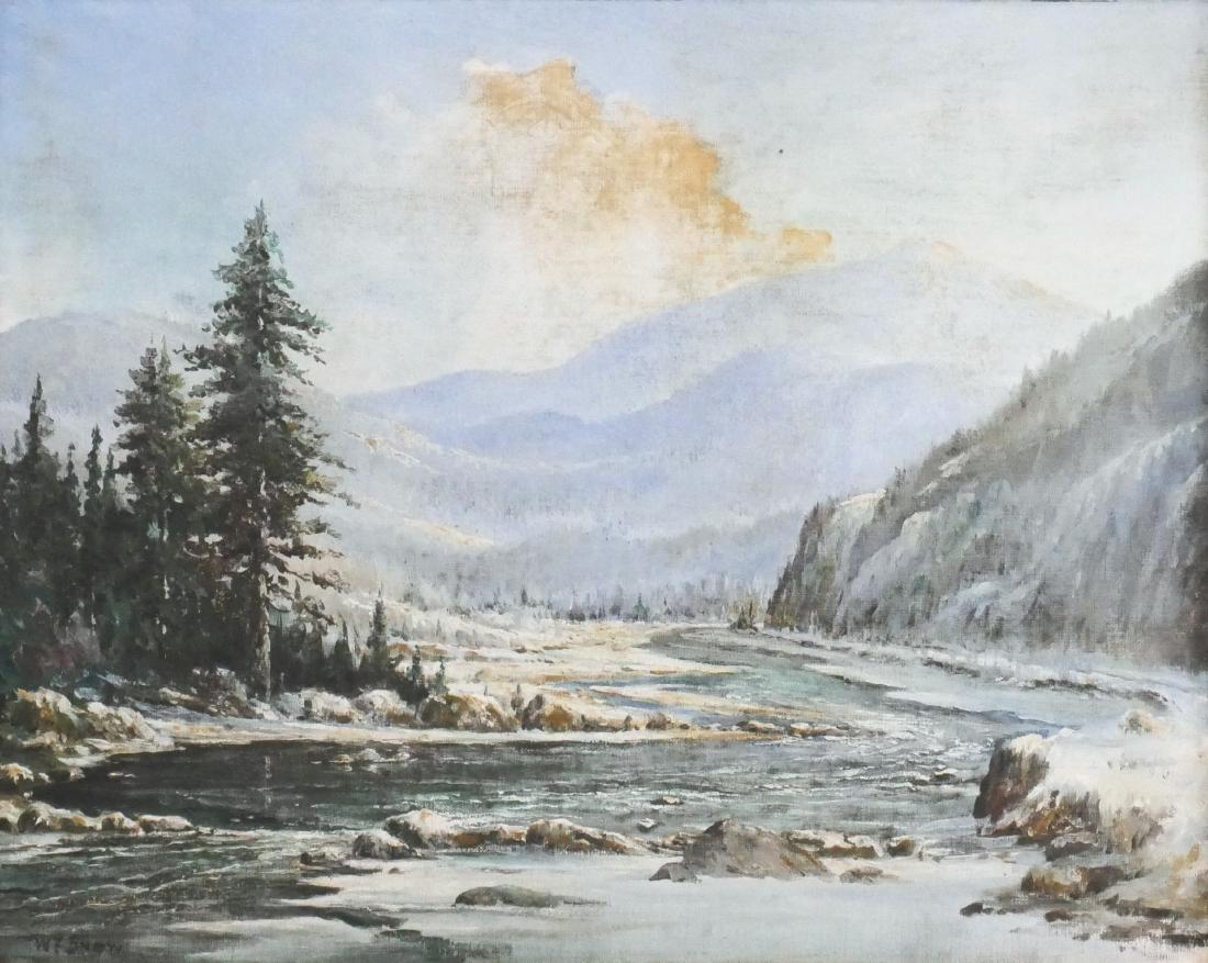 W.F. Snow Adirondack Mountains Painting: Warren Francis Snow (American, 1869-Unknown). Oil on Canvas Panel, titled Whiteface Mountain. Landscape showing a river flowing through the mountains. Signed "W.F. Snow" at lower left. Label verso sta