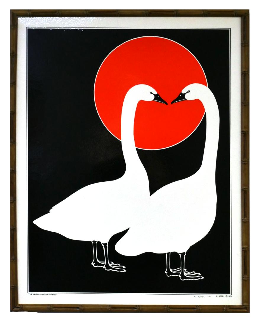 Signed Karel Appel Poster - Trumpeters of Spring: Poster Print of 2 geese with red sun on a field of black. Signed K. Appel and dated 1978 in pencil at lower right margin. Framed size is 19" x 24".