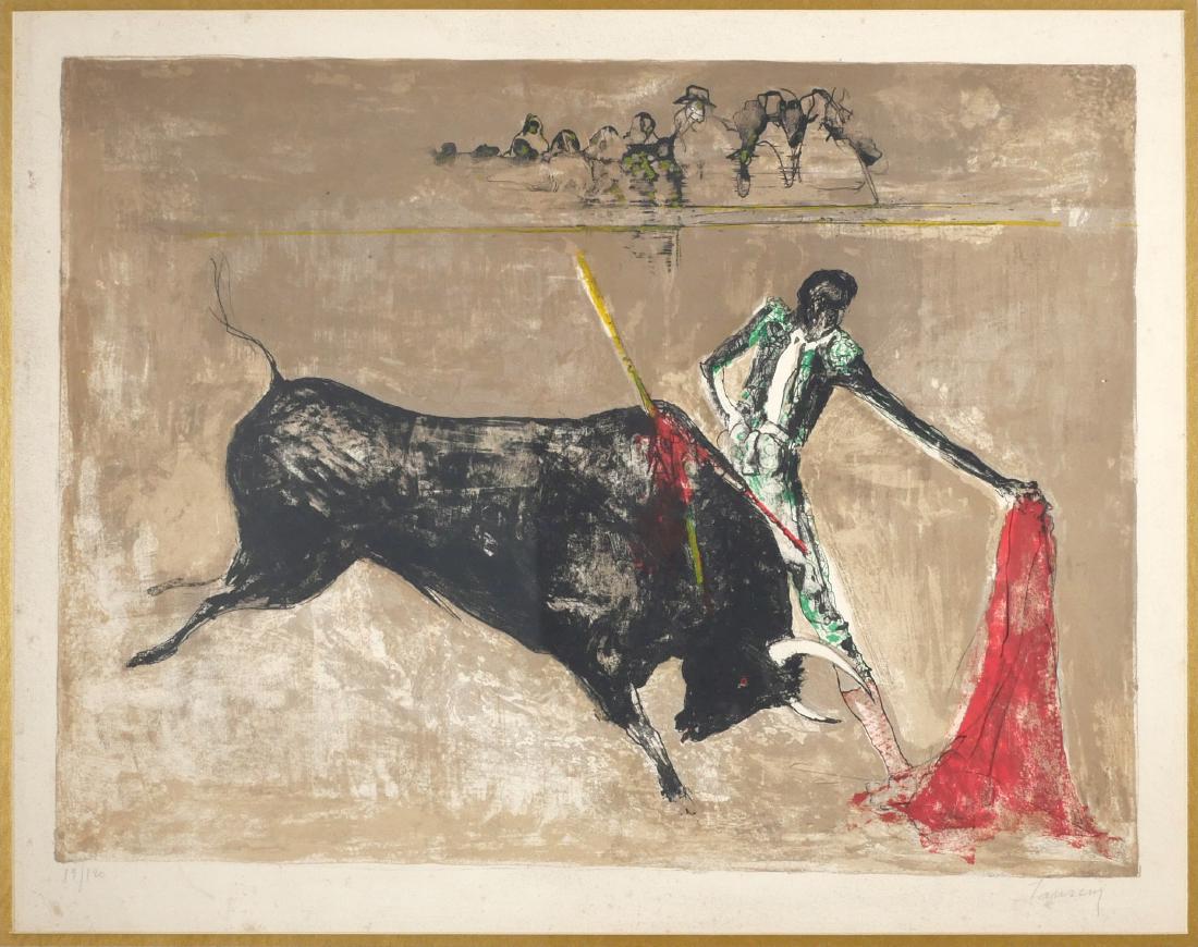 Jean Leon Jansen Matador Lithograph: Jean Leon Jansen (French-American, b. 1920). Lithograph in colors of a bullfight, showing both bull and matador. Framed size is 31" x 27".