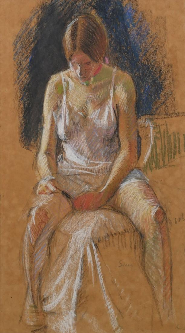 Maggie Siner Pastel Drawing of a Young Girl: Pastel drawing of a young woman seat on the corner of a bed, in black, white, red and green on cream colored paper. Signed lower right. Sight size is 9.5" x 17".