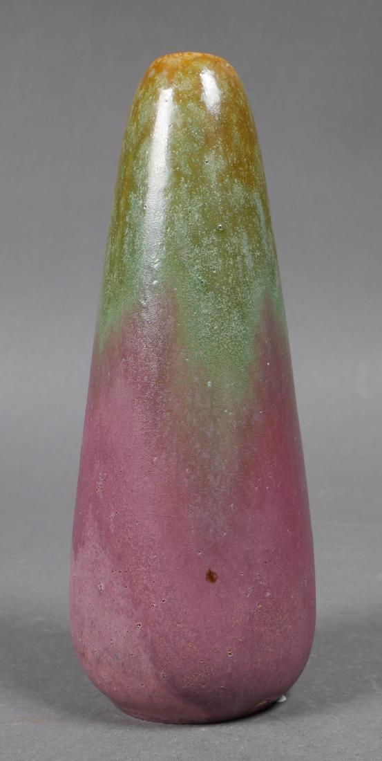 Fulper Miniature Pottery Cabinet Vase: Fulper tapered form bud vase in moss-to-rose flambe glaze. Marked Fulper on underside. Measures approx. 5-3/4" high.