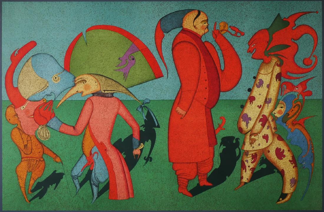 MIKHAIL CHEMIAKIN, Lithograph of Carnaval Scene: Mihail Chemyakin (Russian, b. 1943). Lithograph in colors, depicting five masked figures in a carnival scene. Sight size is 17" x 25.5". Signed and limited (296/300) in the lower margin. Pressed seal 