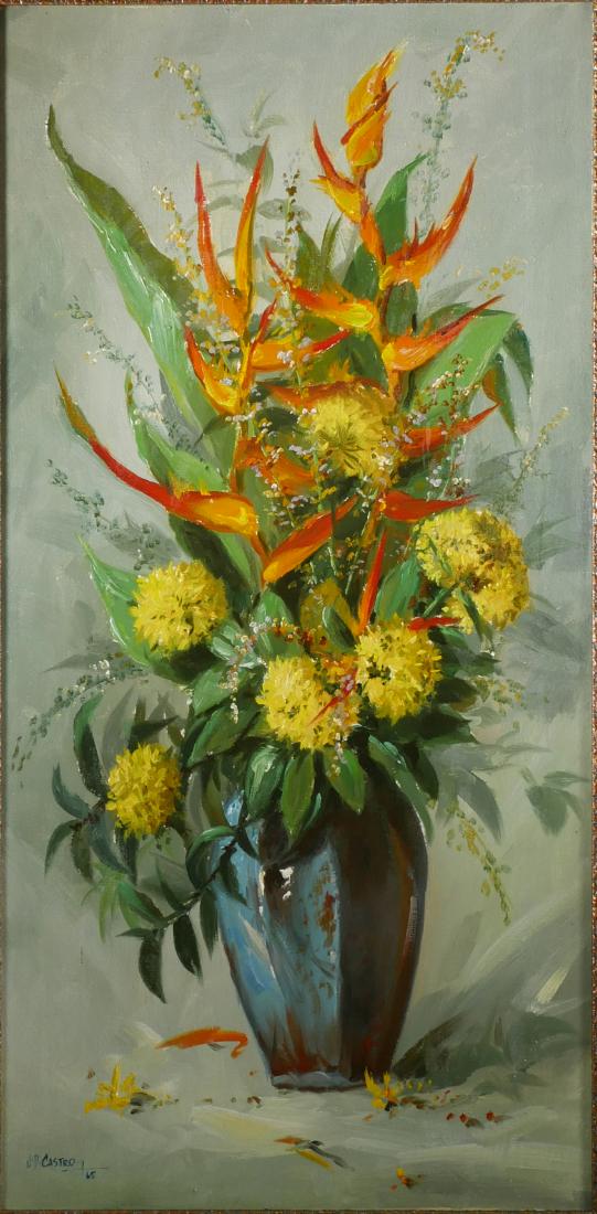 J.D. CASTRO, Floral Still Life Painting: Jose D. Castro (Filipino, 1908-1994). Oil on canvas painting, titled "Yellow Santan & Birds of Paradise" on verso. Brightly colored composition showing a floral arrangement in a blue vase. Mid-century