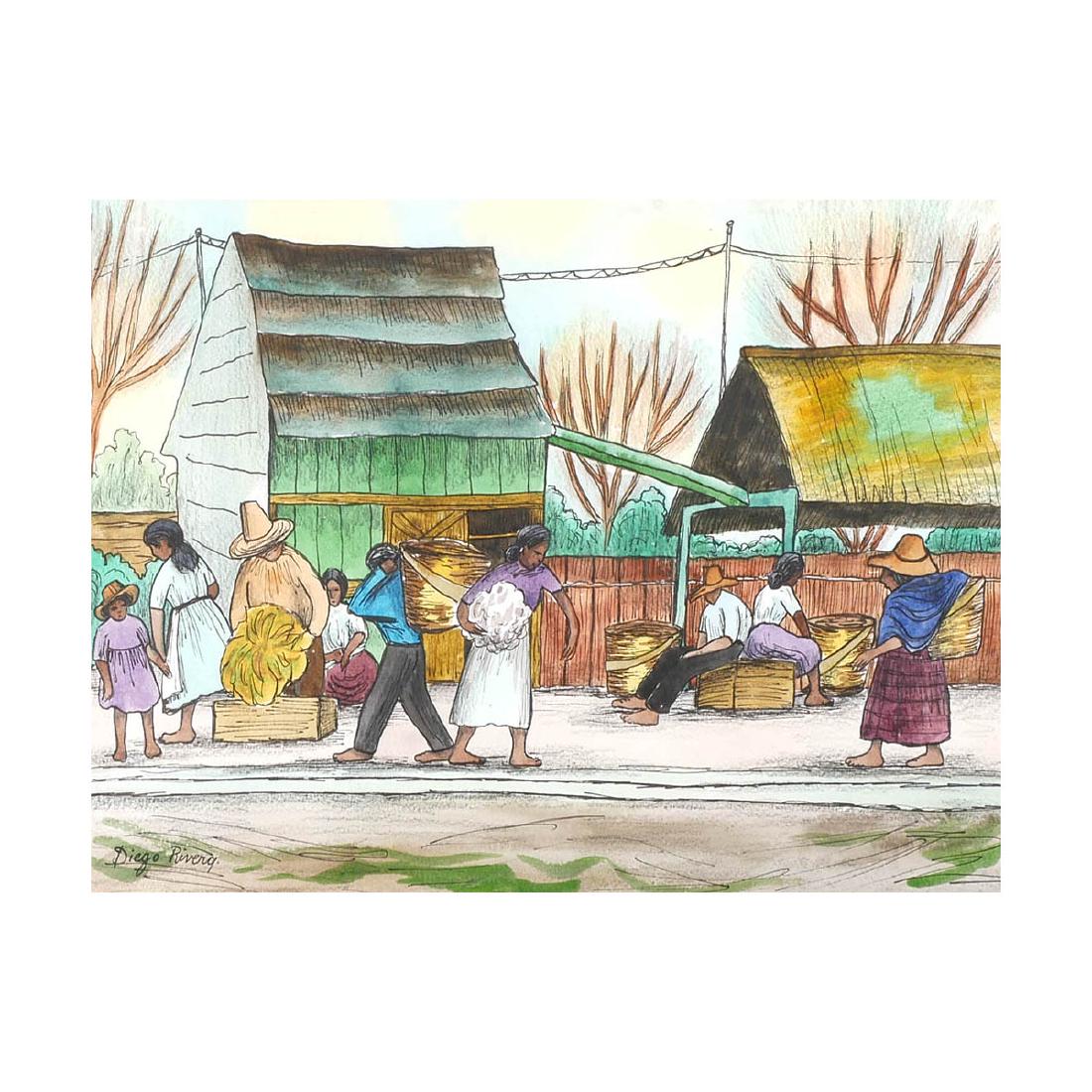 DIEGO RIVERA, Watercolor: Diego Rivera (Mexican, 1886-1957). Watercolor and ink on paper of farm or market scene. Signed lower left. Sight measures 11-1/2" high x 15" wide. Frame measures 20-1/4" high x 22-1/4" wide.