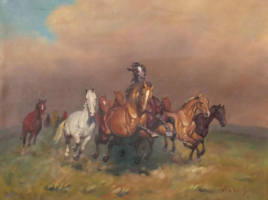 JANOS VISKI, Wild Horses Painting: Janos Viski (Hungarian, 1891-1987). Oil on canvas painting of a band of wild horses. Signed "Visik J." at lower right. Canvas measures 31" x 24".