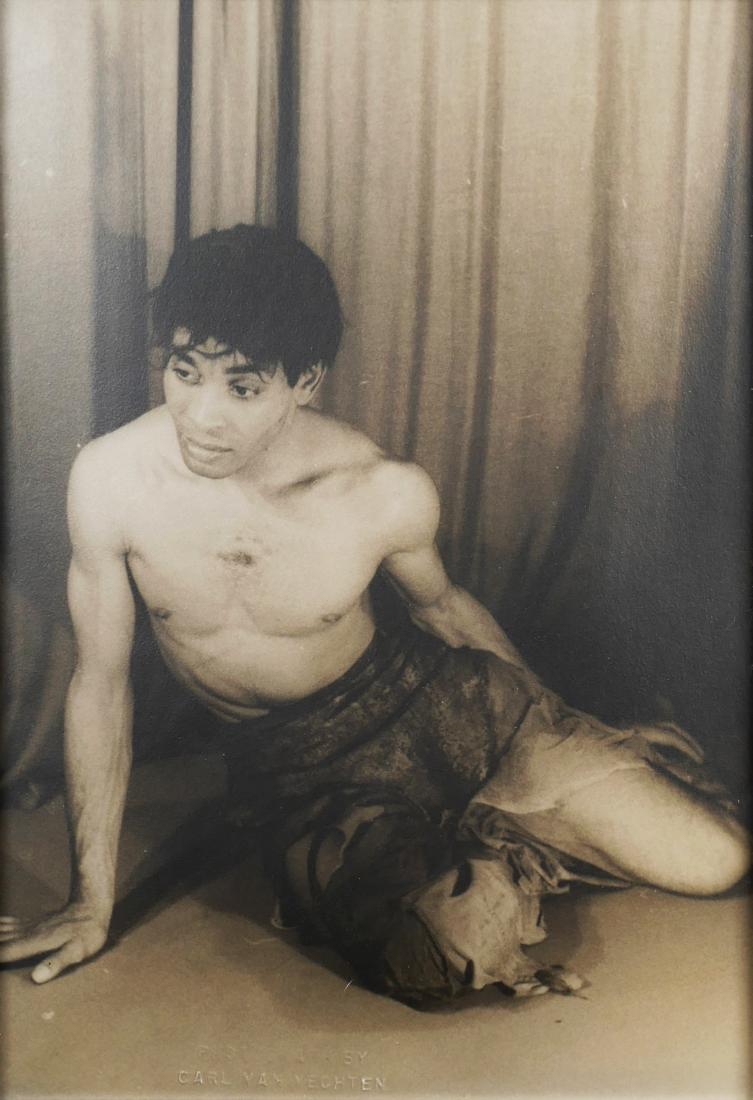 CARL VAN VECHTEN, Partial Nude Photograph: Carl Van Vechten (American, 1880-1964). Silver print photograph, Untitled. Shirtless male model, seated. Circa 1940s. Sight size is 6 1/4" x 9" and framed size is 12" x 9".