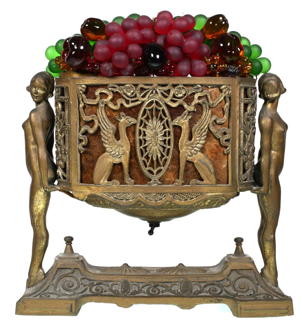 1930 Art Deco Era Nudes Figural Lamp: VIntage bronzed circa 1920s-30s Art Deco period table lamp with Czech glass fruit cluster shade. Mica panels behind openwork designs, held up by two nude girl figures on each end. Measures about