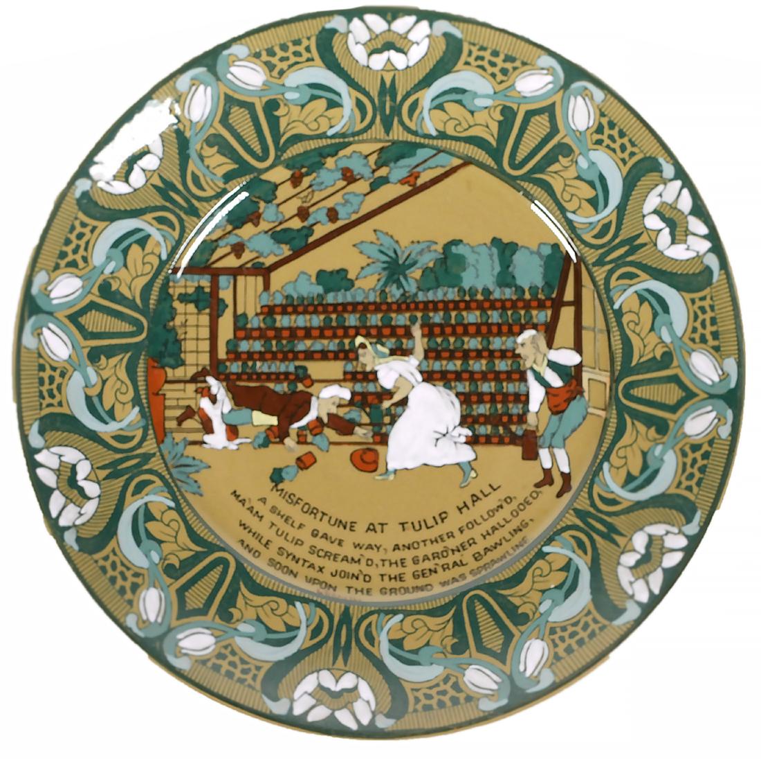 Buffalo Pottery, Emerald Deldare Tulip Hall Plate: "Misfortune at Tulip Hall" plate in Emerald Deldare Ware underglazes by Buffalo Pottery. Dated 1911 and signed L. Streissel. Measures 8 1/2" diameter.