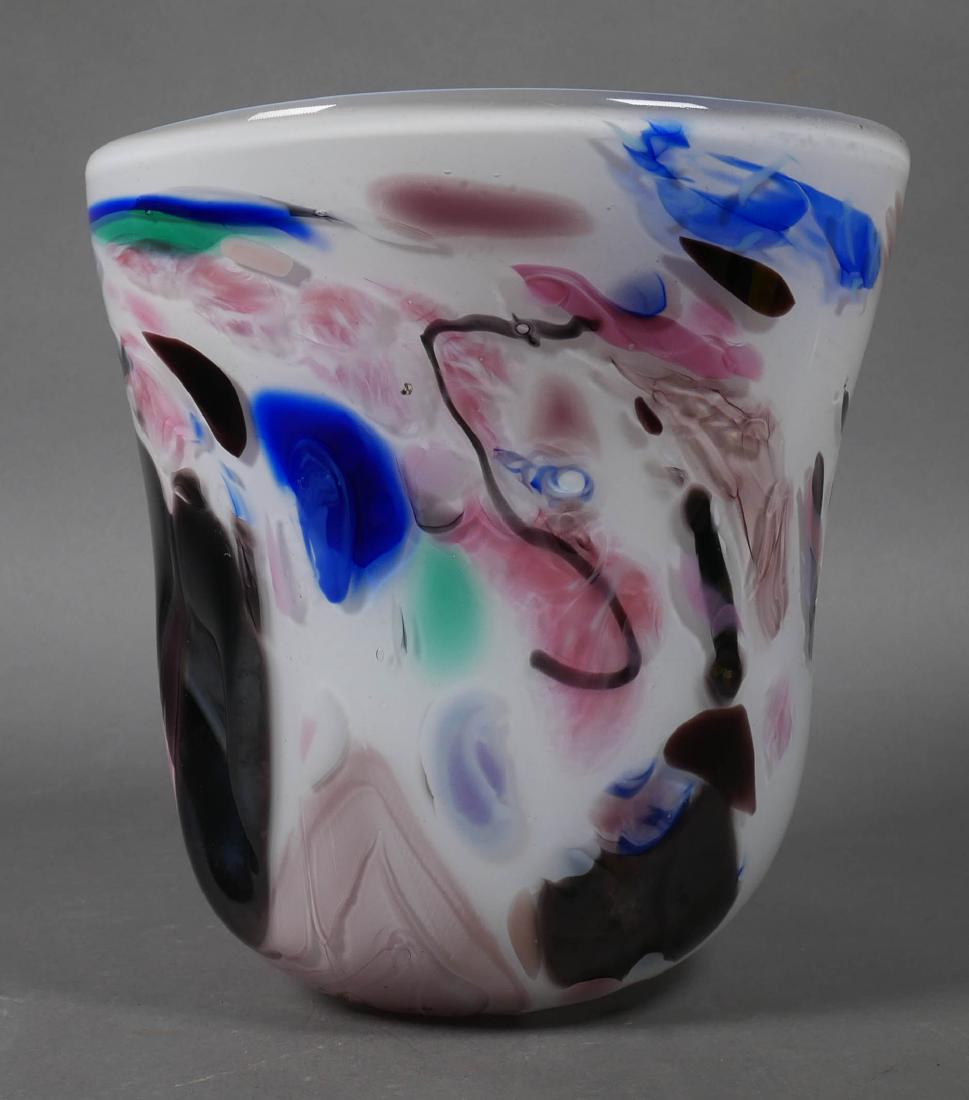 Duncan McClellan, Early Blown Glass Bowl: Wide mouthed vase or bowl by Duncan McClellan, featuring free-form blues, pinks and greens inset into a field of white. Beautifully crafted, as are all McClellan works, and etch signed at the base. Me