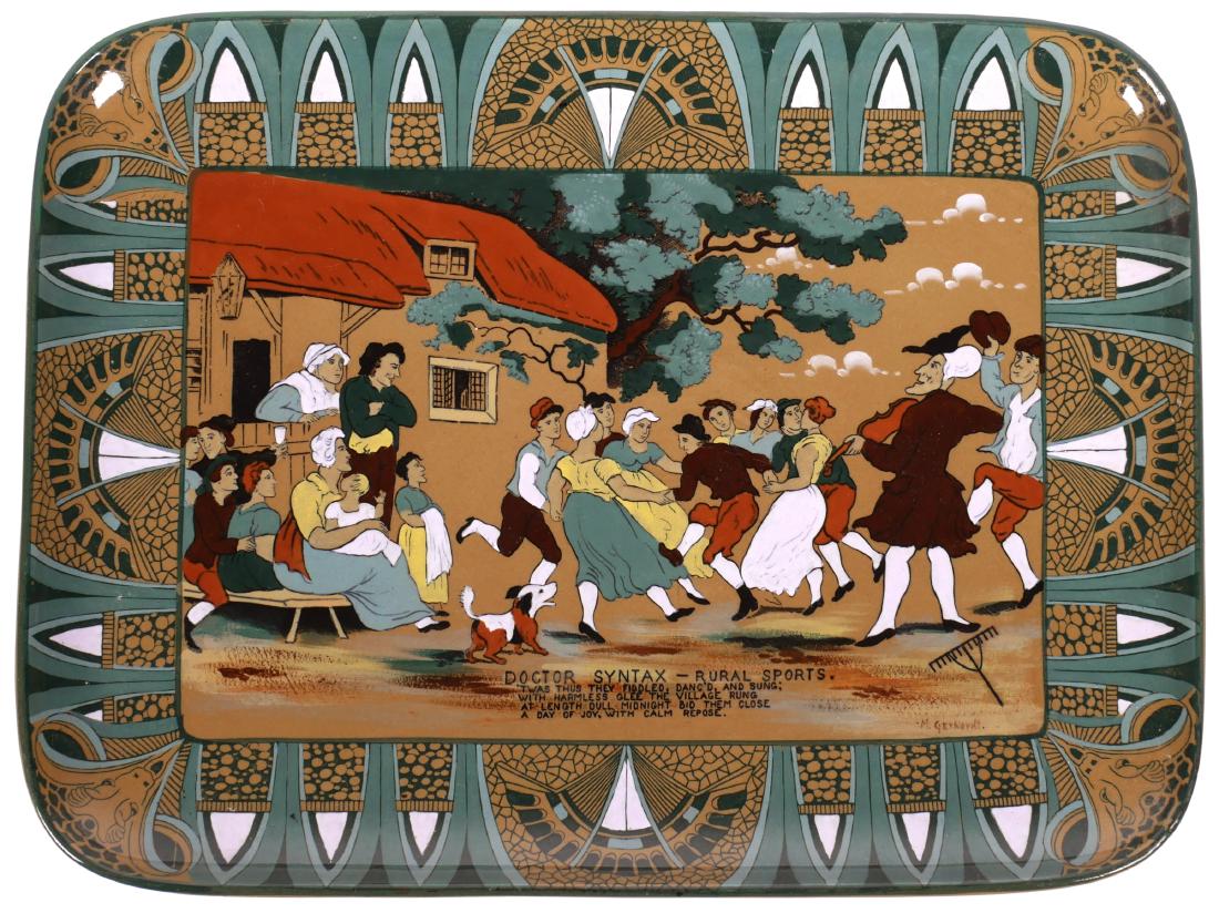 1911 Buffalo Pottery Deldare "Doctor Syntax" Tray: Emerald Deldare tray by Buffalo Pottery, featuring "Doctor Syntax: Rural Sports" scene. Dated 1911 and showing Buffalo marks under base. Measures 12" x 9".