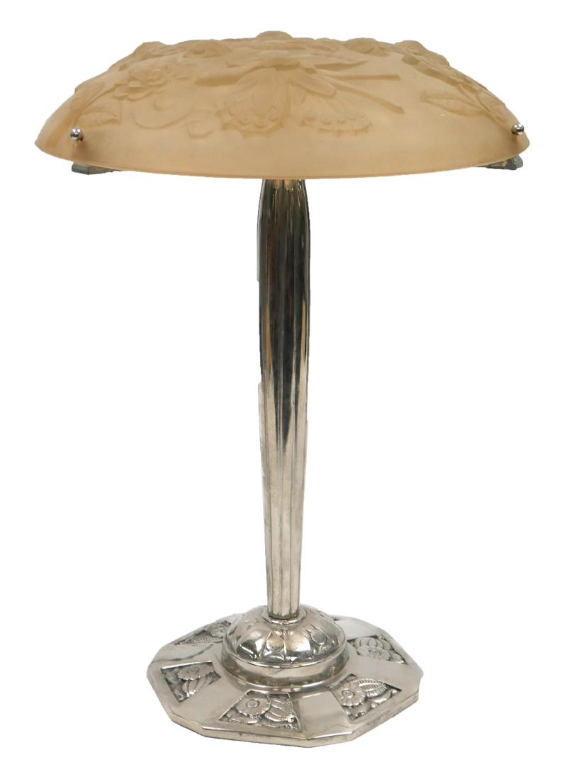 Silver Metal Art Deco Lamp Frosted Gold Shade: Muller Freres style art deco lamp in heavy silver metal with floral design on base. Glass shade is frosted gold or amber and measures 13" across. Lamp measures 19" high. Re-wired for US 110v socket.