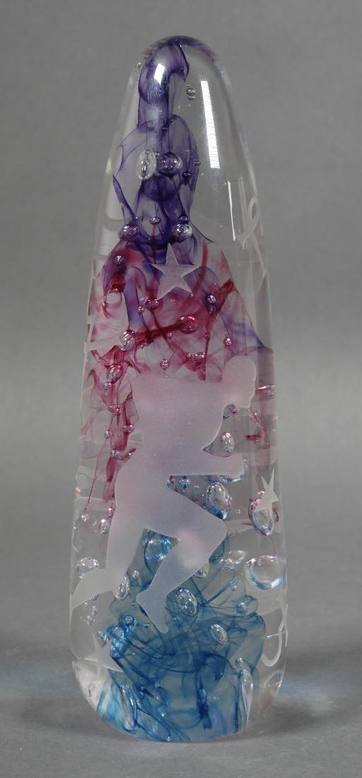 DUNCAN MCCLELLAN, Alchemy Etched Paperweight: Tall conical paperweight in clear, purple, blue and red blown glass by Duncan McClellan (American, b. 1967). Etched with Alchemy series figures and featuring a running man image from the Men-a-morphos
