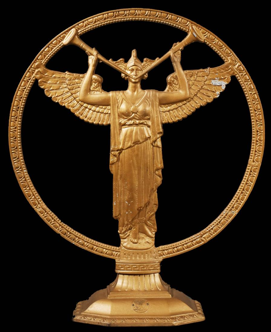 Rare Gilt Art Deco 1930s Speaker Frame: Very scarce audio speaker frame with white metal top on cast iron base. Bears name plate that reads "Fine Art, Plaza Music Co., NY USA." Ring measures 15-1/8" in diameter, and piece is 18" tall overal