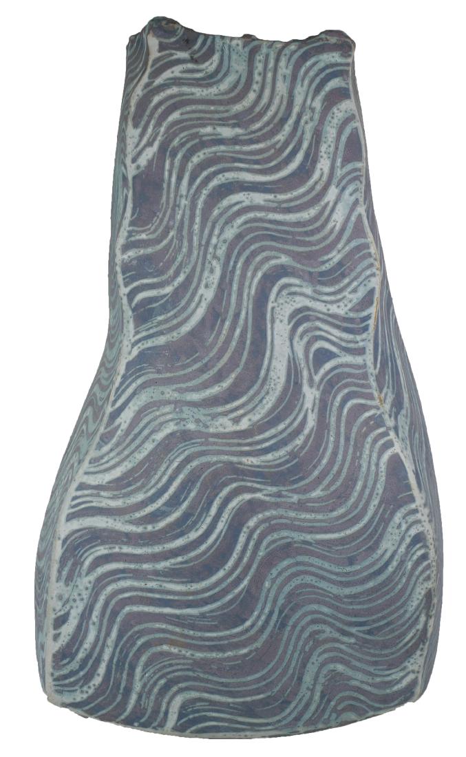 PETER FRASER BEARD, Sculptural Floor Vase: Freeform floor vase in ribbons of blue/green oxidized glaze at a diagonal to the body. Marked "M63" and "PFB" for Peter Fraser Beard. Measures 19" tall and 10" at the widest point.