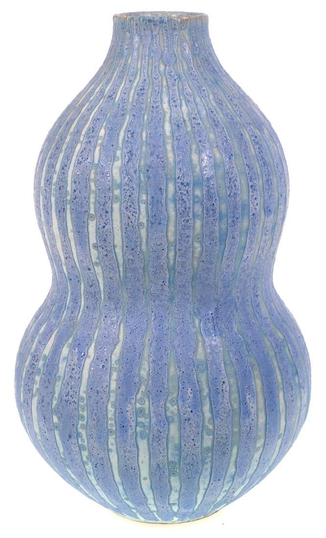 PETER FRASER BEARD, Double Gourd Vase: Double gourd shaped vase in blue & white striped glazes. Marked "Not for food." and "PFB" for Peter Fraser Beard. Measures 8" tall and 4 1/2" diameter.