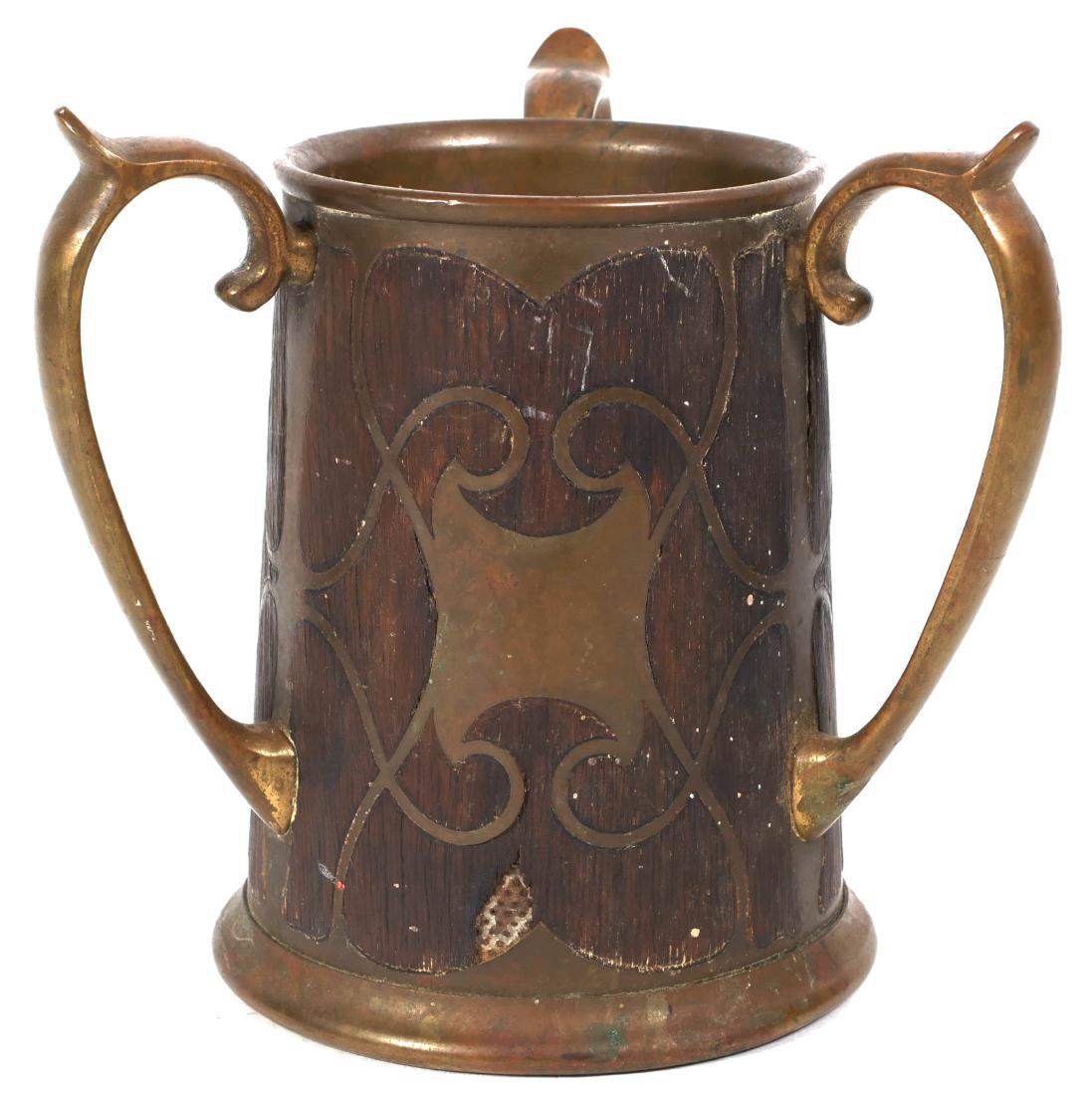 Erhard Söhne Jugendstil Inlaid Loving Cup: Brass inlaid wood loving cup, German Art Nouveau period, circa 1900. Presumed to be by Erhard Sohne, but unmarked. Measures 5-7/8' high.
