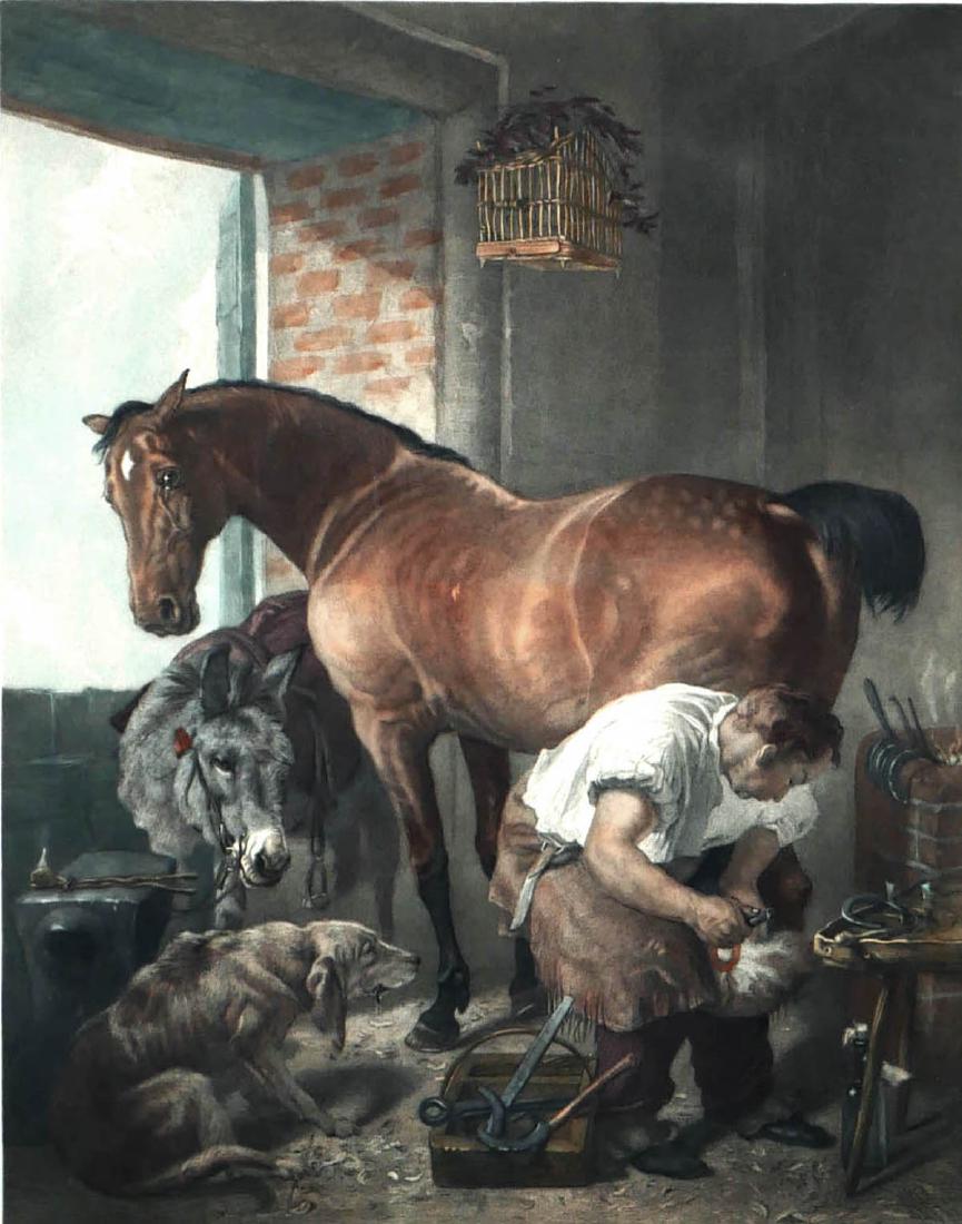 Shoeing, Horse Engraving by Landseer: Engraving of farrier shoeing a horse, hand colored. Circa late 19th century. Drawing by Landseer, engraved by Webb. Sight size is 17 1/2" x 21".