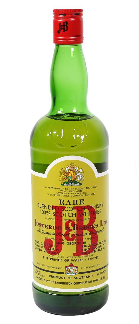 Vintage 1970s J&B Scotch Sealed Bottle: Unopened and stamp-sealed vintage bottle, circa 1970s, of J&B Scotch whiskey. From estate.