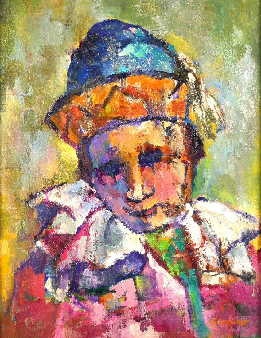 SHAPIRO, Signed Mid-Century Clown Painting: Mid-Century Modern oil on canvas painting of a clown, signed "Shapiro" in the lower right corner. Attributed to David Shapiro (American, born 1916). Canvas measures 14" x 18".