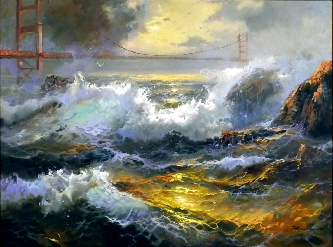 PHILIP HOFFMAN, Golden Gate Bridge Seascape: Oil on canvas painting of a seascape, crashing waves with the Golden Gate Bridge in the distance. Signed Philip Hoffman at lower right corner. Nicely framed. Canvas size is 48" x 36".