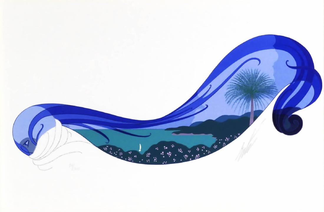 ERTE, French Riviera Serigraph: Serigraph by Erte (Russian/French 1902-1990) depicting an a seascape image of the French Riviera contained within the outline of a woman's flowing hair. Pencil signed in the lower margin and limited (