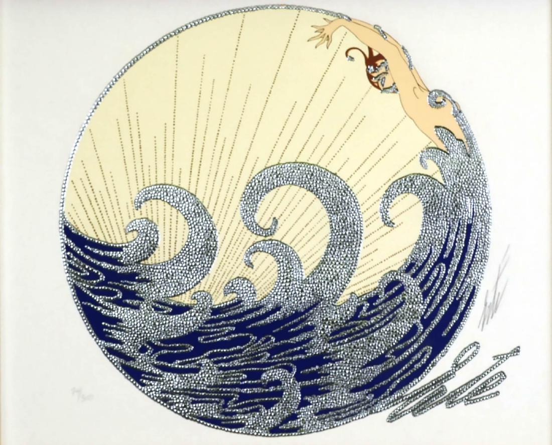 ERTE, The Wave, Embossed Serigraph: Serigraph by Erte (Russian/French 1902-1990) depicting a nude woman emerging from a wave. Embossed and printed with metallic silver accents. Circle Fine Arts chop mark in lower left corner. Pencil sig