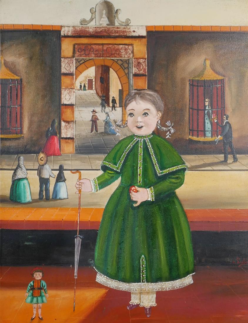 AGAPITO LABIOS, Portrait of a Child, O/C: AGAPITO LABIOS (Mexican, 1898â€“1996). Young girl with a parasol on a Mexican street. Oil on canvas, signed "A. Labios" at lower right. Canvas measures 24" x 18-1/2".
