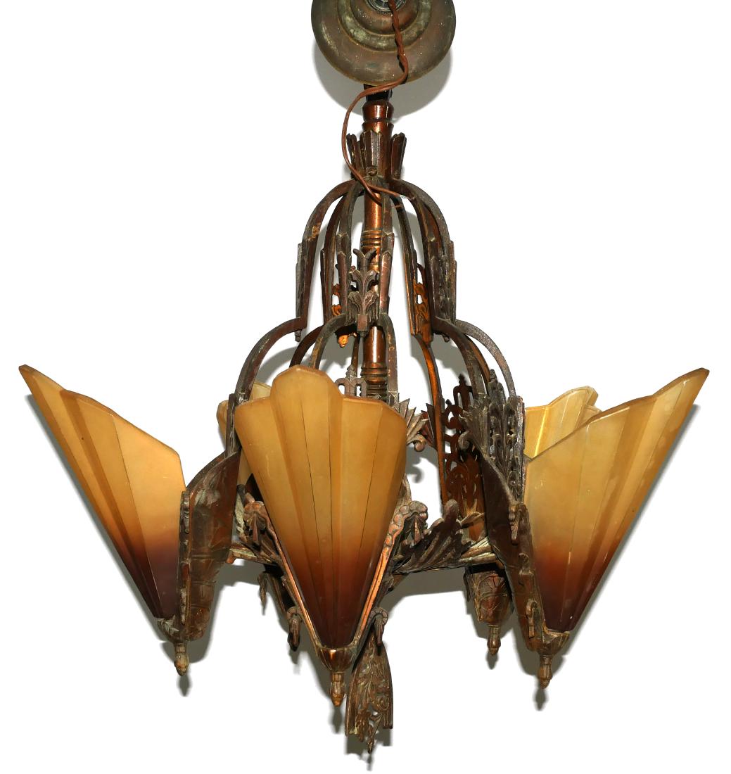 Art Deco Period Chandelier Light Fixture: Deco era slip glass 5-light ceiling fixture, possibly Lightolier. Openwork metal body. Good condition, but should be rewired for safety. Appears to have original wiring. Measures approx. 22" wide over