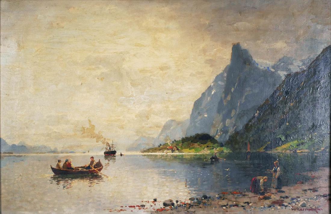 GEORG ANTON RASMUSSEN, Fjord Painting: George Anton Rasmussen (Norwegian, 1842-1914). Fjord landscape with two boats. Signed in red at lower right. Oil on Canvas. Canvas measures 17" x 26".
