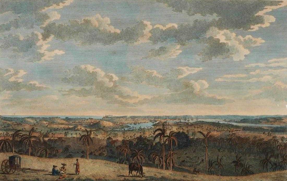 18C Durnford Engraving, Havana Cuba 1765: A View of the Harbour City of the Havana, taken from the Jesu Del Monte, published in 1765 by Thomas Jefferys, London. Engraved from a drawing by Elias Dunford. Expertly hand colored showing hills and