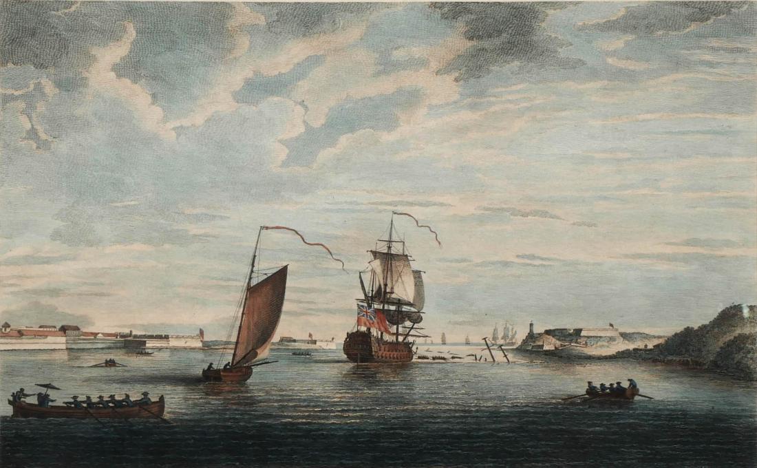 18C Engraving, British Navy in Havana Cuba: A View of the Entrance of the Harbor of the Havana, Taken from Within the Wrecks, published in 1765 by Thomas Jefferys, London. Engraved from a drawing by Elias Dunford. Expertly hand colored showing