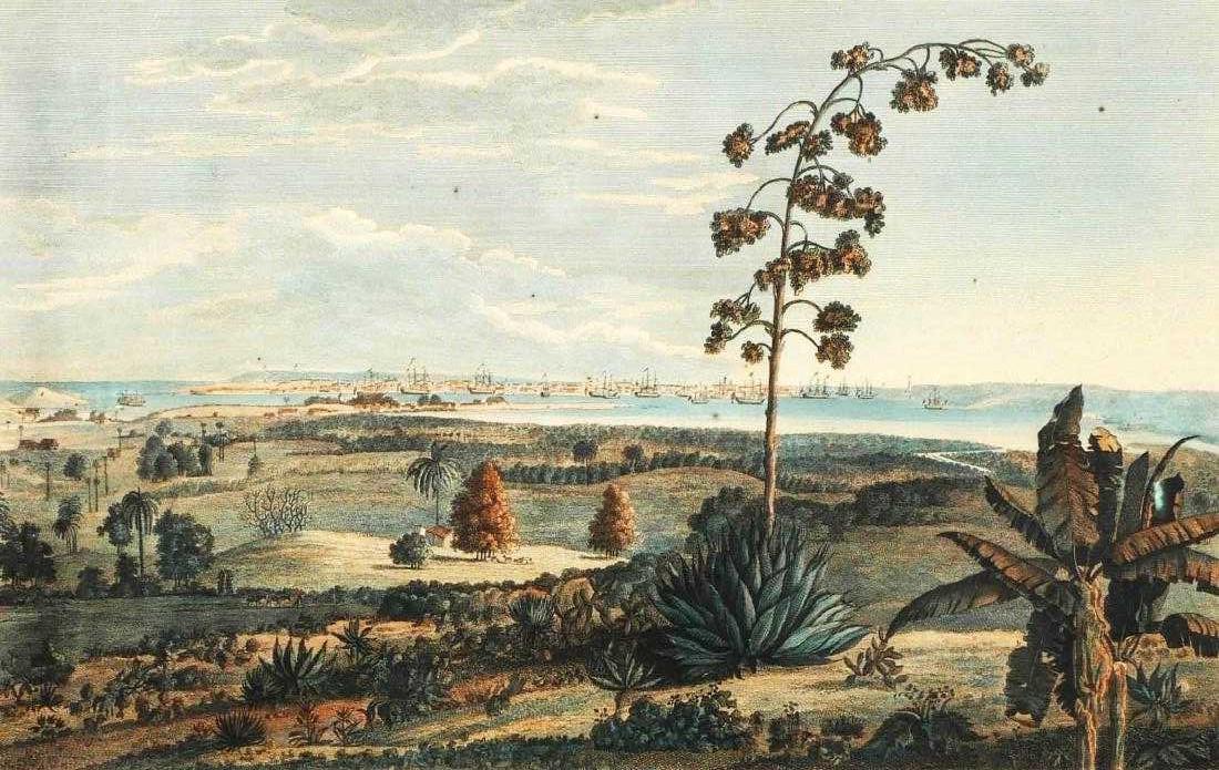 18C Durnford Engraving of Havana Cuba: A View of the Harbour & City of the Havana taken from the Hill near the Road, published in 1765 by Thomas Jefferys, London. Engraved from a drawing by Elias Dunford. Expertly hand colored showing loca