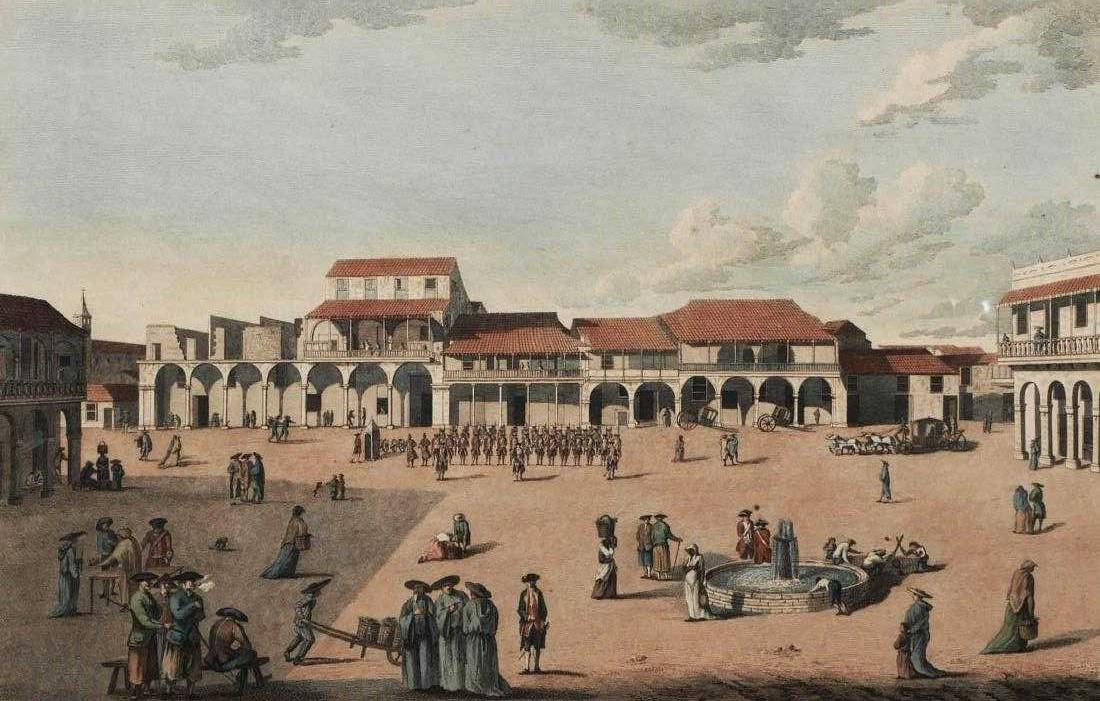 18C Durnford Engraving of Havana Cuba: A View of the Marketplace in the City of the Havana, published in 1765 by Thomas Jefferys, London. Engraved from a drawing by Elias Dunford. Expertly hand colored showing a market square with fountain