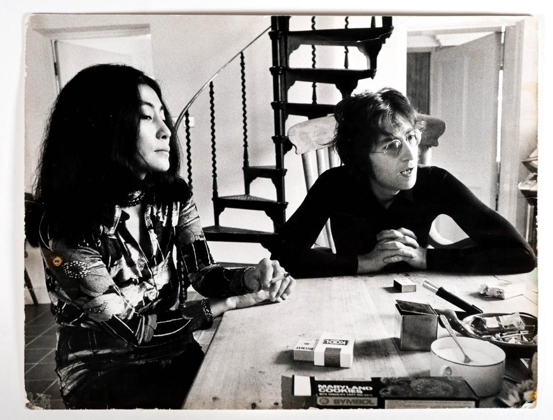 JOHN LENNON, Photograph by BARRIE WENTZELL: Rare 9" x 11-1/2" original photo of Beatles legend John Lennon with Yoko Ono, with stamp of Barrie Wentzell on verso. Stains and some creases, mostly visible on back.