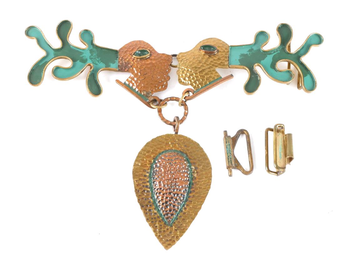 Vintage Mexican Mixed Metal Buckle Set: Signed Mexico, a Modernist brass and copper, enameled belt buckle set. Measures about 7-1/2" wide. Circa 1950.