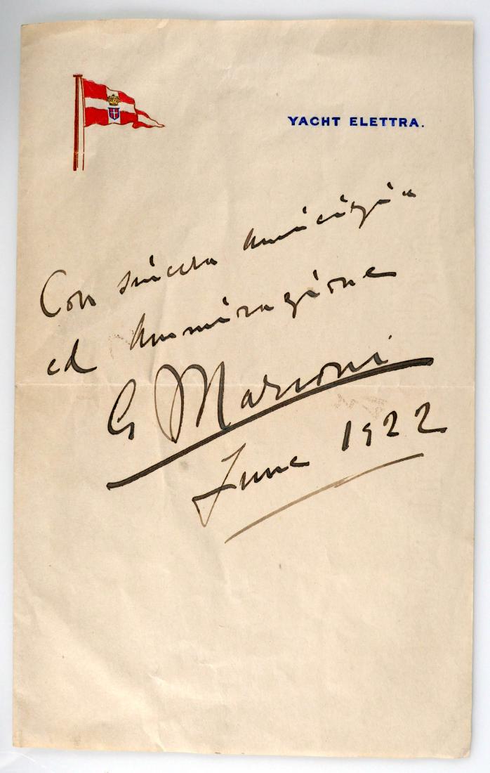 Guglielmo MARCONI, Signed Letterhead from Elettra: Personalized autograph on Yacht Elettra letterhead, signed "G. Marconi" and dated June 1922. Sheet measures 7" x 4-1/2", features a nautical flag and "Yacht Elettra" at top. Marconi was an Italian inv