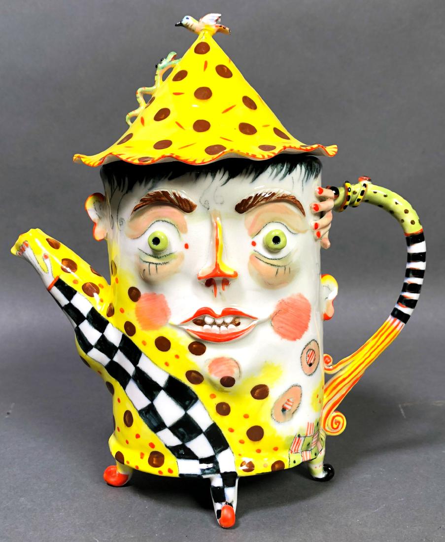 Irina Zaytceva Whimsical Face Teapot: Figural footed teapot by Zaytceva (Russian, b 1937). Measures 9" high.