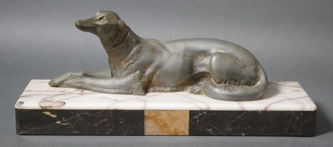 Art Deco Russian Wolfhound Statue Marble: Period Art Deco metal statue of borzoi on marble base. Base measures almost 15" long.