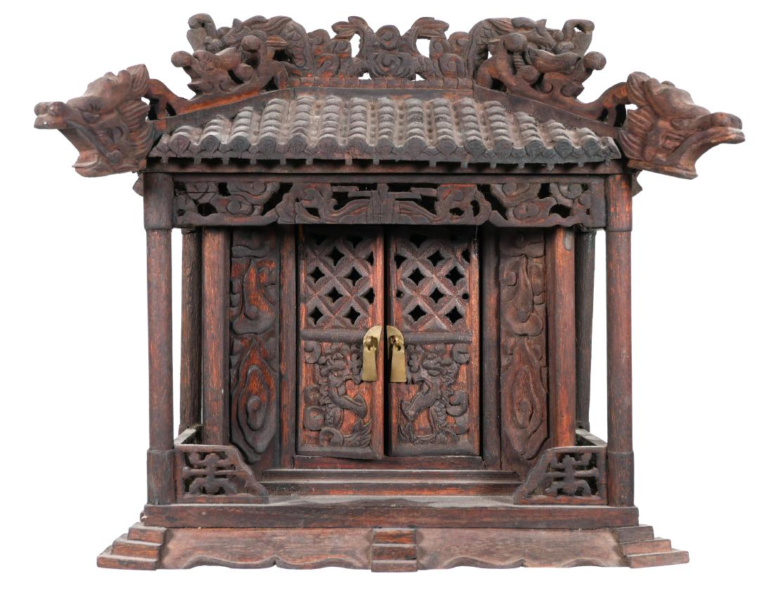 Antique Thai Carved Wood Spirit House: Thai carved wooden Guardian Spirit house in teak. Measures 10-1/2" x 13" x 8-1/2".