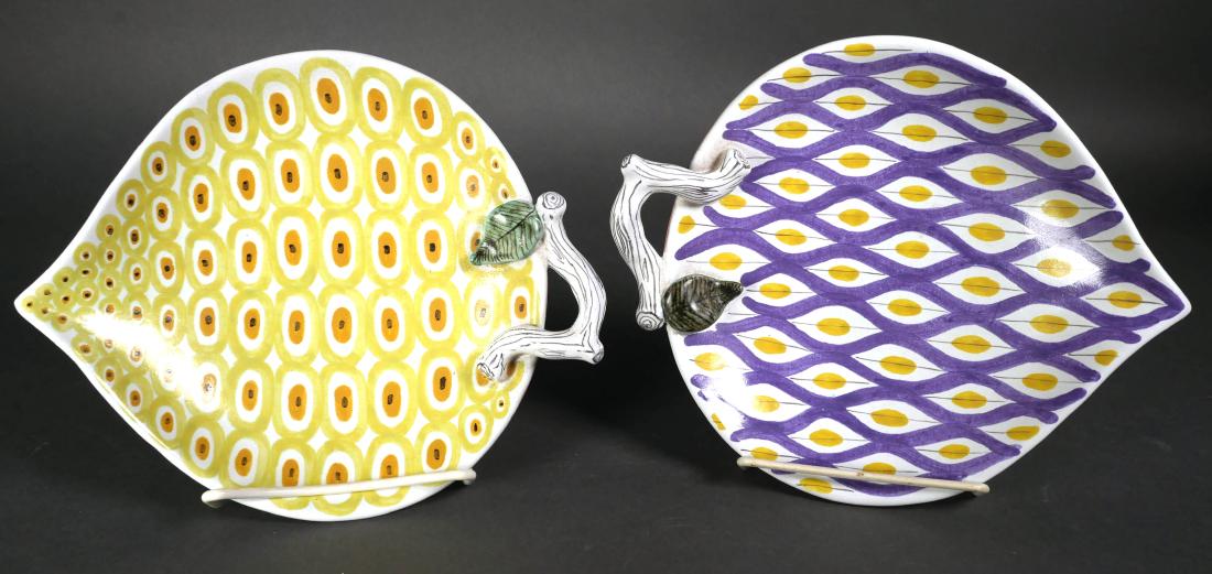 (2) STIG LINDBERG, Gustavsberg Faience Leaf Dishes: Two hand painted leaf form ceramic dishes by Stig Lindberg for Gustavsberg. Marked "Sweden" and bearing the Hand & G mark. Each measures 8-1/4" long.
