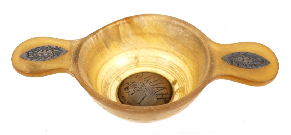 Victorian Horn & Sterling English Tastevin: Presumed to be a sommolier's tasting cup, but atypically made of horn, with sterling medallion inside and sterling panels applied to handles. Measures 5-3/8" across handles.