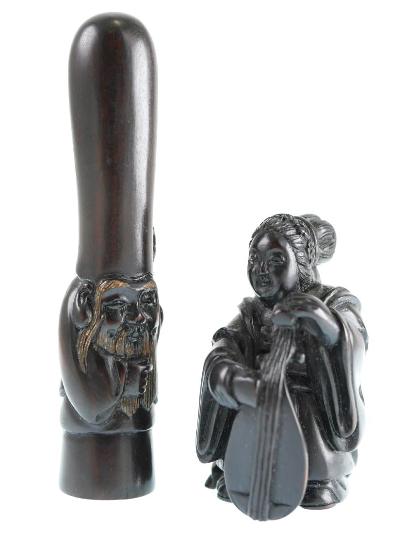 Two Signed Japanese Boxwood Okimono: Ebony or boxwood carved Japanese miniature figures. Similar to netsuke in size, but without holes. Taller figure measures about 3-1/4" high.