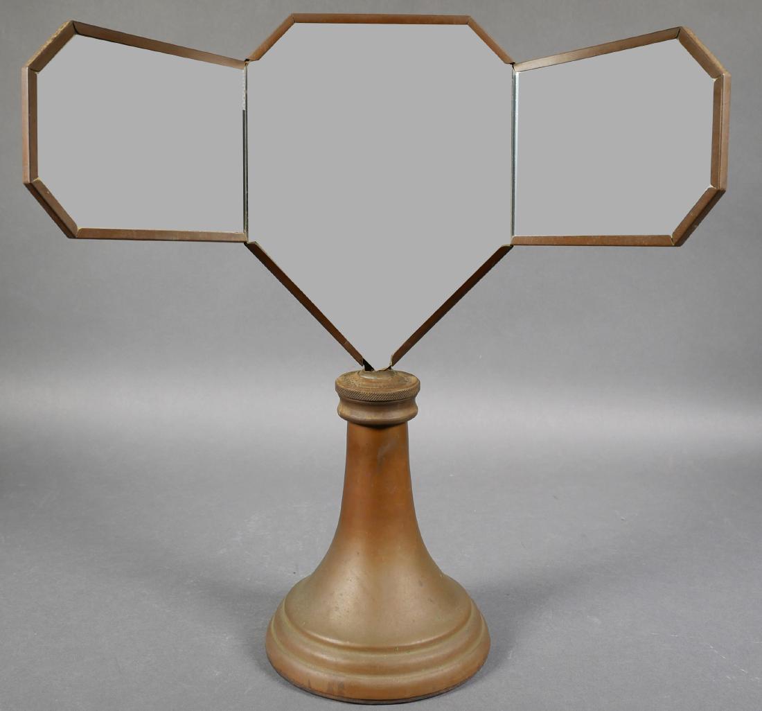 Arts & Crafts Triple Cosmetic Mirror: Craftsman/Mission style triple standing mirror for dressing and make up tables. Brass base and frame. Measures 15" x 13".