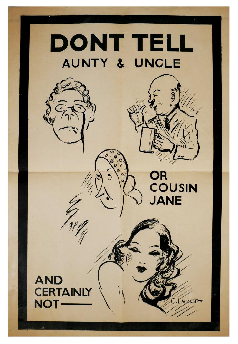 Scarce WWII "Don't Talk" Propaganda Poster: "Don't Tell Aunty & Uncle or Cousin Jane and Certainly Not ..." poster, measuring 19" x 12-3/4". Folded in fourths. Signed in plate lower right by artist G. Lacoste. WWII period poster, NOT a reprint.