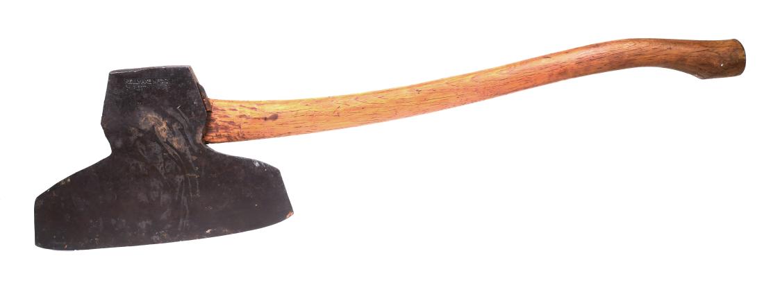 KELLY AXE 11-3/8" Broad Ax, circa 1920s: Fine antique early 20th century Kelly Axe Mfg. Co. broadhead ax, measuring nearly 11-1/2" wide at the edge. 33-3/4" overall. Stamped simply on head with Charleston, WV, address. Kelly operated from th