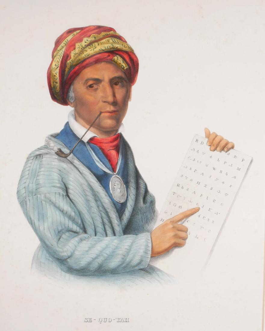 McKenny & Hall - Native American Folio Print: Hand colored folio size color lithograph print of SE-QUO-YAH, from History of the Indian Tribes of North America by McKenney & Hall, circa 19th century. Image of a Native American man in blue robe wit