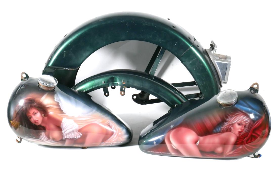 HARLEY Custom Nude Tanks & Fenders: Vintage custom painted Harley Davidson split tanks and fenders. Airbrush work signed by Tampa Bay artist Gary Smith, an artist whose work has been commissioned by Hulk Hogan, Donald Trump, Malcolm For